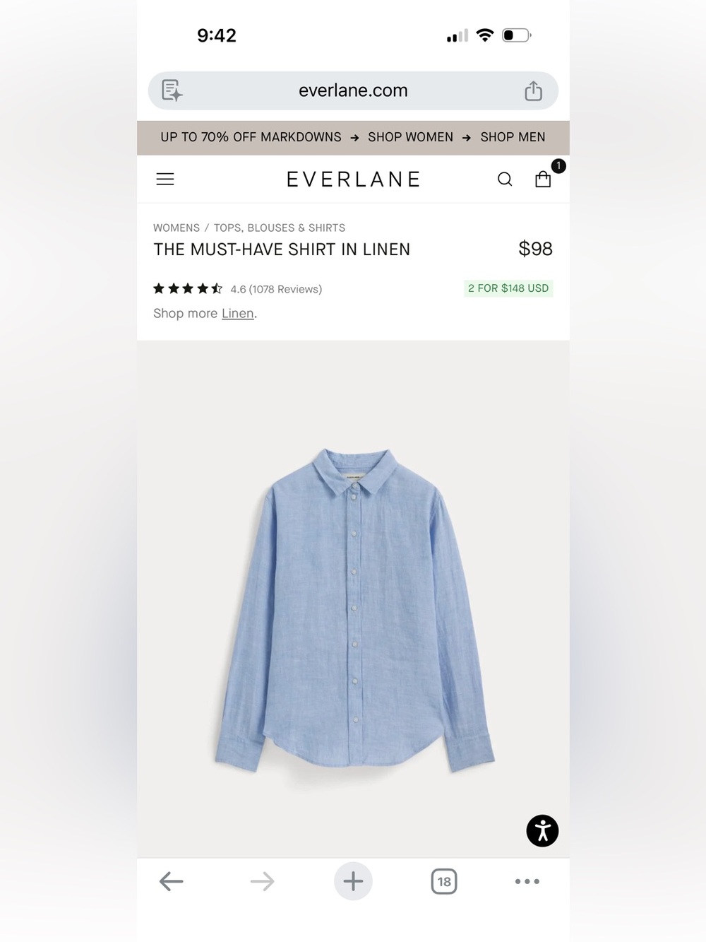 Everlane the must have linen shirt in light blue, excellent condition. Size 00